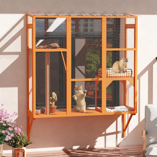 Wooden Catio Outdoor Enclosure, 2 Jumping Platforms, Scratching Post, Orange Outdoor Cat Enclosures Orange at Gallery Canada