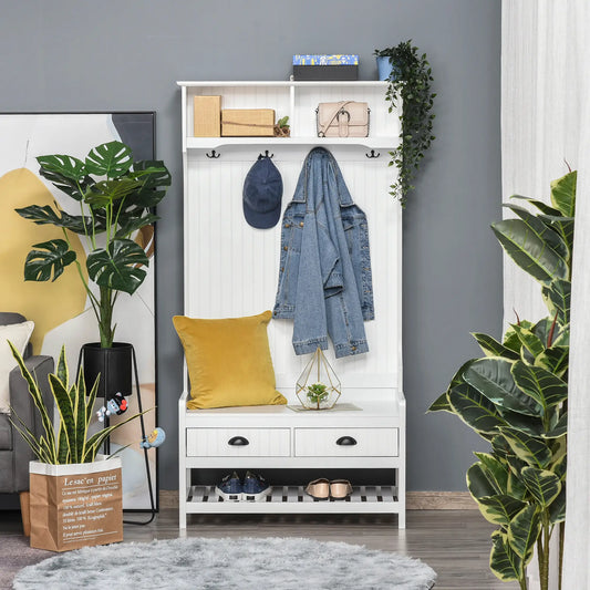 Coat Rack Shoe Bench, Entryway Storage with 4 Hooks, 2 Drawers, 2 Shelves, White Clothing Storage White, Grey at Gallery Canada
