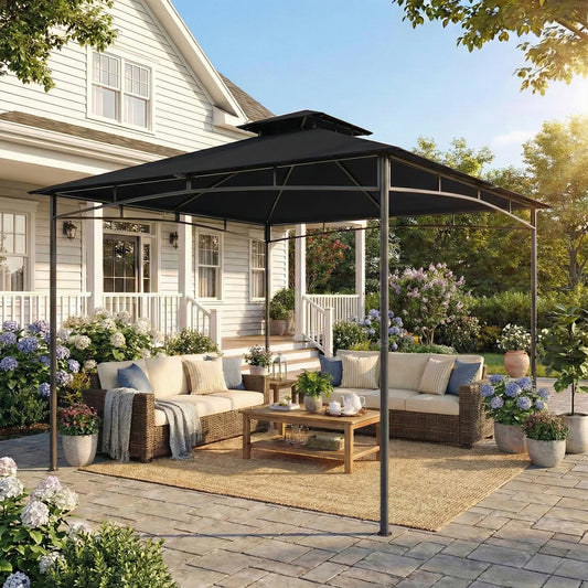 10' x 10' Gazebo, Soft Top, 2-Tier Roof, Metal Frame, Black Gazebos Black at Gallery Canada
