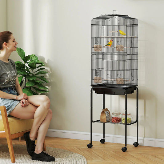 62" Rolling Bird Cage, Cockatoo House, Play Top, Storage Shelf, Wheels, Black Bird Cages Black at Gallery Canada