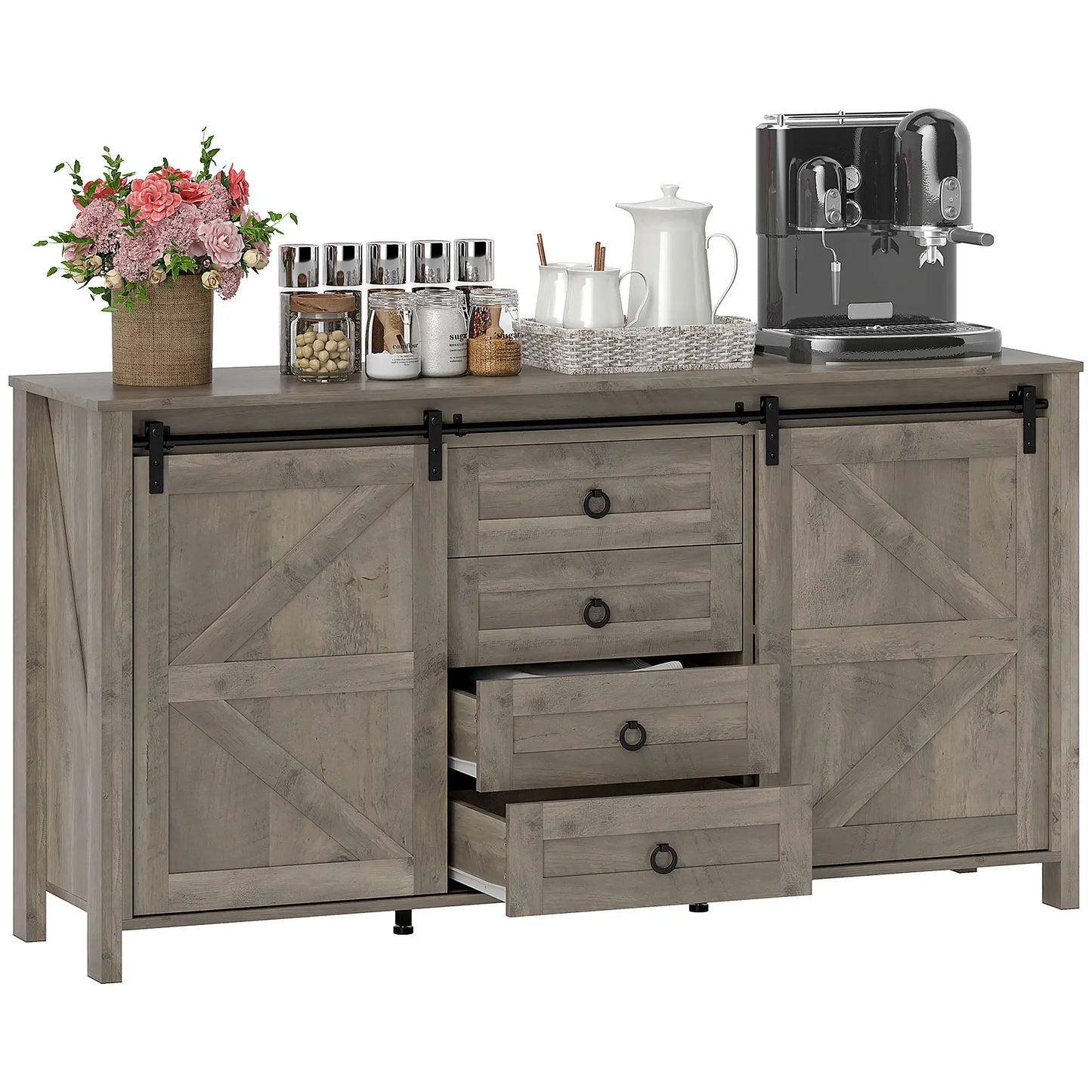 60" Buffet Cabinet, Farmhouse Sideboard, Sliding Barn Doors, Light Grey Bar Cabinets at Gallery Canada