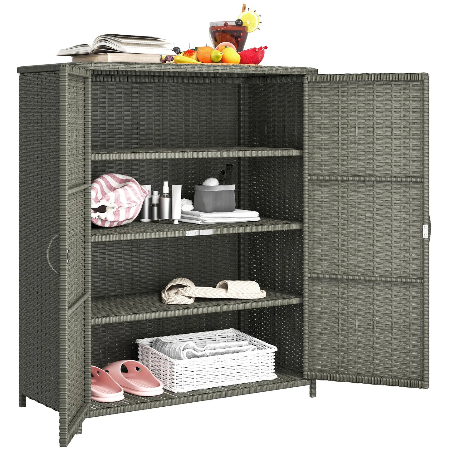 Wicker Outdoor Storage Cabinet, 4 Shelves, 2 Doors, Dark Grey Patio Storage Boxes at Gallery Canada