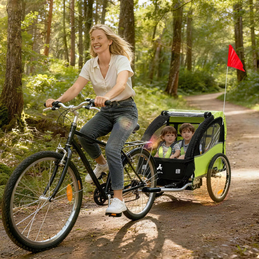 2 Seat Bike Trailer, Kids Stroller, 20" Wheels, Green Kids Bike Trailers Green, Black at Gallery Canada