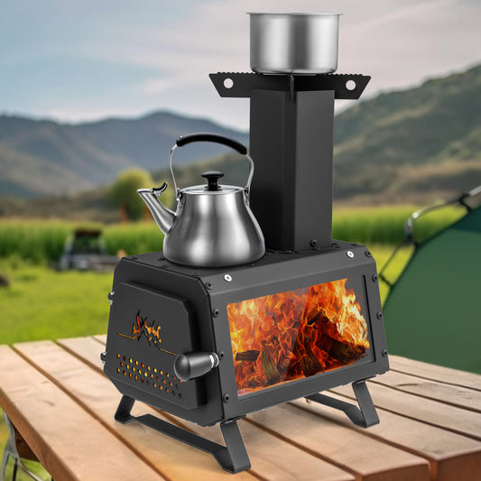 Portable Wood Camping Stove Heater, 2 Cooking Positions, Black