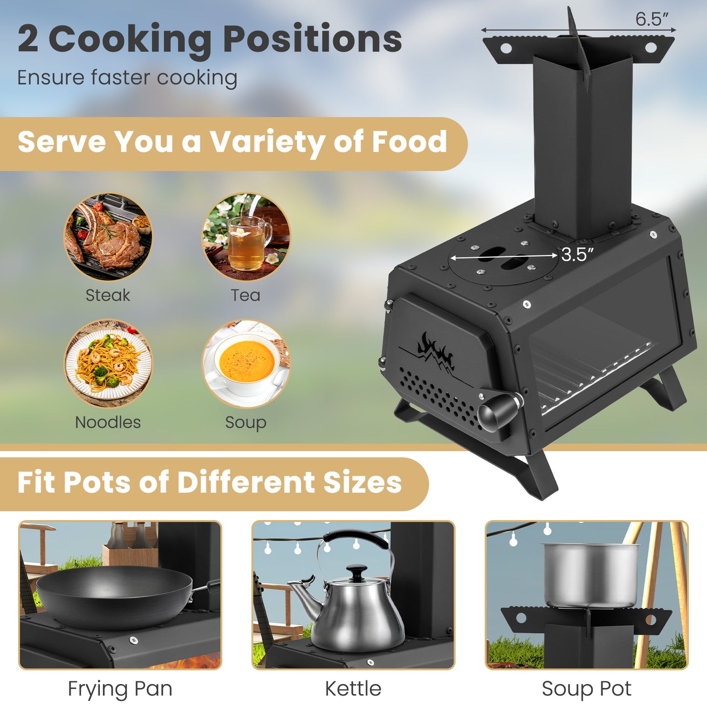 Portable Wood Camping Stove Heater, 2 Cooking Positions, Black Fire Pits at Gallery Canada