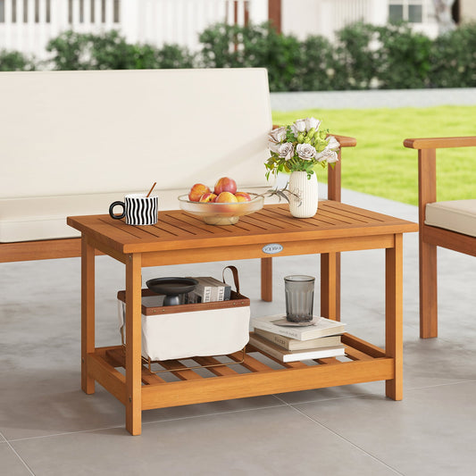 Acacia Wood Coffee Table, 2-Tier Rectangular Center Table, Natural Patio Coffee Tables Natural at Gallery Canada