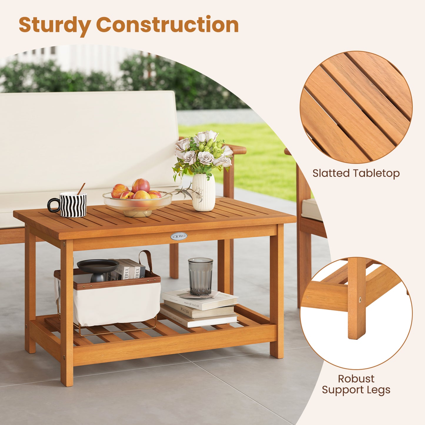 Acacia Wood Coffee Table, 2-Tier Rectangular Center Table, Natural Patio Coffee Tables at Gallery Canada