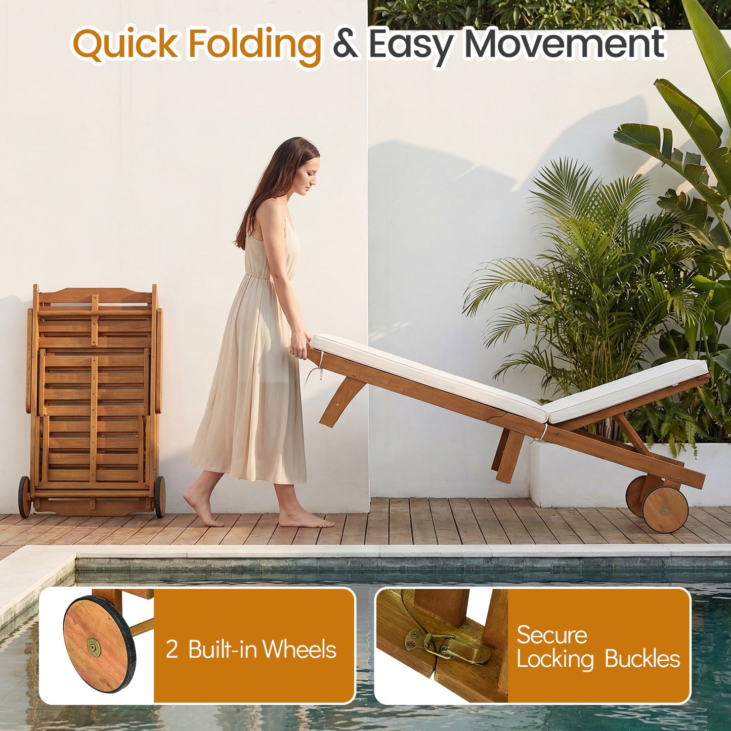 Acacia Wood Lounge Chair Chaise Recliner, Natural, White Outdoor Chaise Lounges at Gallery Canada
