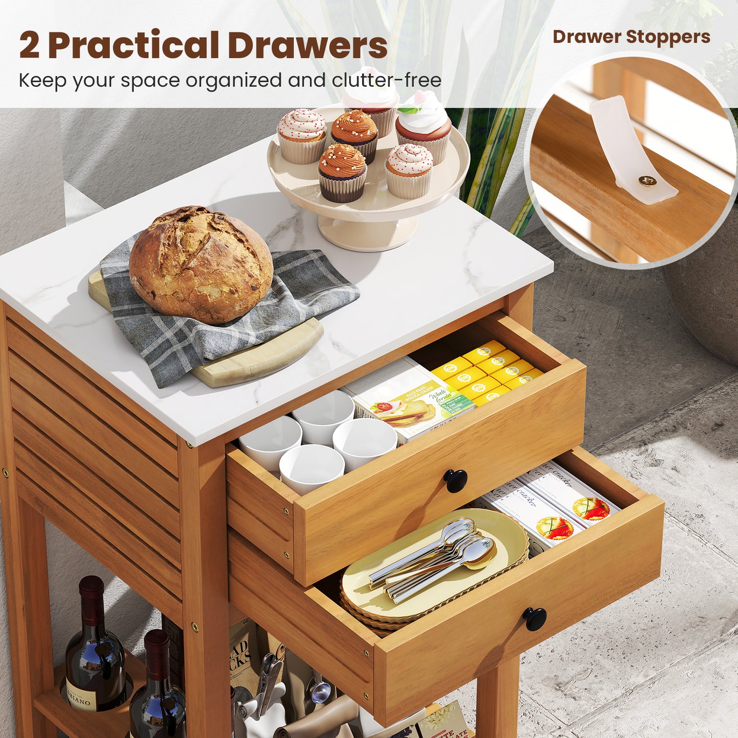 Patio Acacia Wood Storage Cabinet Patio Buffet Cabinet Bar Table with Faux Marble Countertop Outdoor & Patio Furniture at Gallery Canada