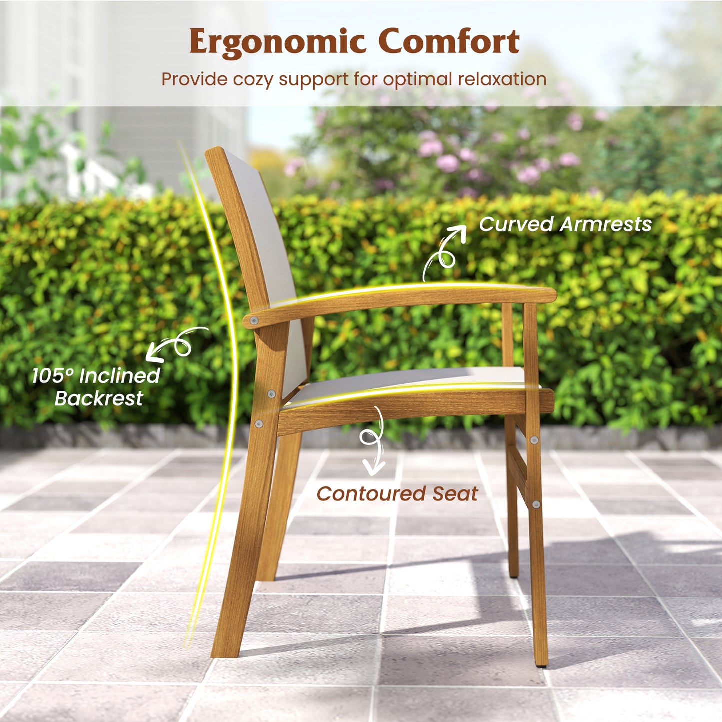 Patio Chairs Set of 2 Acacia Wood Armchairs with Breathable Fabric Back and Seat, Yellow Patio Dining Chairs at Gallery Canada