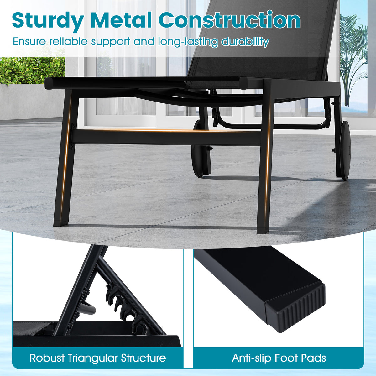 Patio Chaise Lounge Chair, Wheels, 6-Level Adjustable Backrest, Black Outdoor Chaise Lounges at Gallery Canada