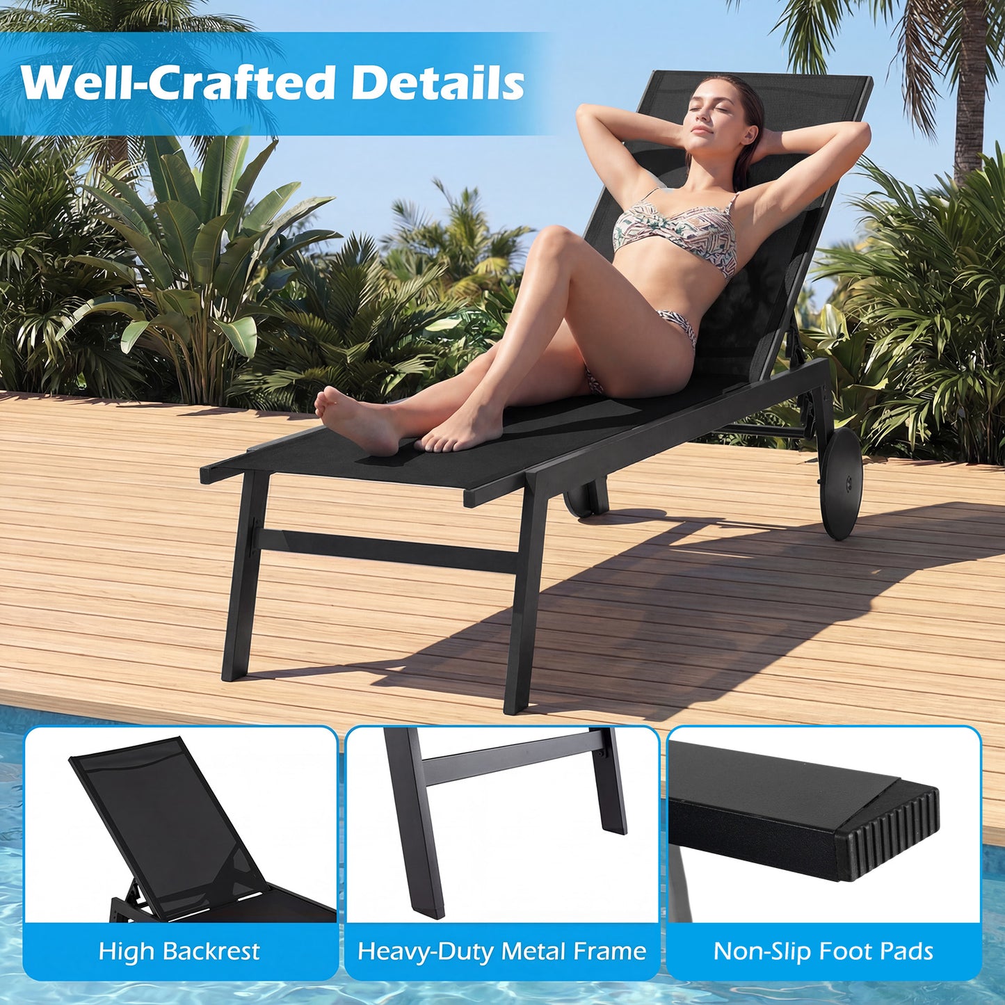 Patio Chaise Lounge Chair, Wheels, 6-Level Adjustable Backrest, Set of 2, Black Outdoor Chaise Lounges at Gallery Canada