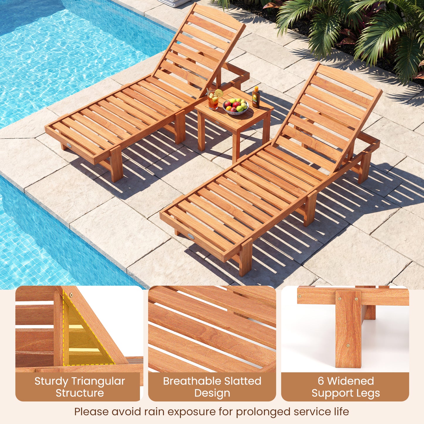 Solid Wood Chaise Lounge, Adjustable Backrest, Set of 2, Natural Outdoor Chaise Lounges at Gallery Canada