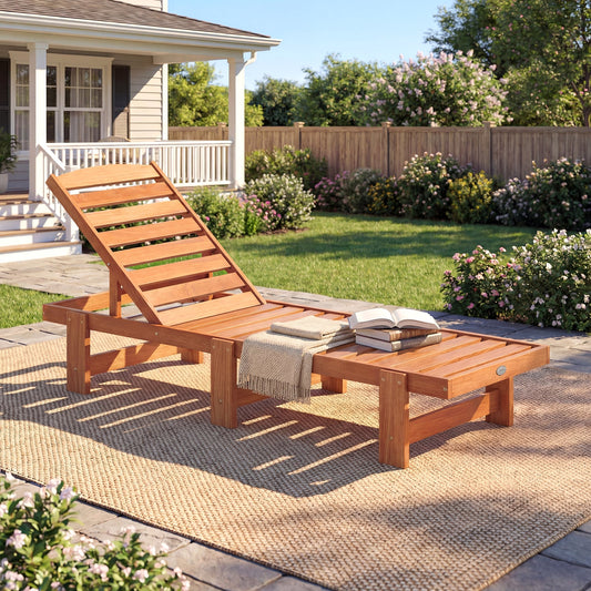 Solid Wood Slatted Chaise Lounge, Adjustable Backrest, Natural Outdoor Chaise Lounges Natural at Gallery Canada