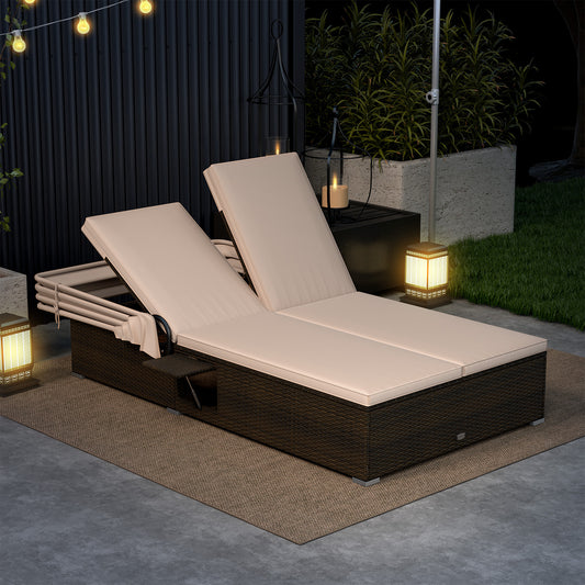 Double Chaise Lounge With Shade Cushions, Folding Side Trays, Beige Outdoor Chaise Lounges Beige at Gallery Canada