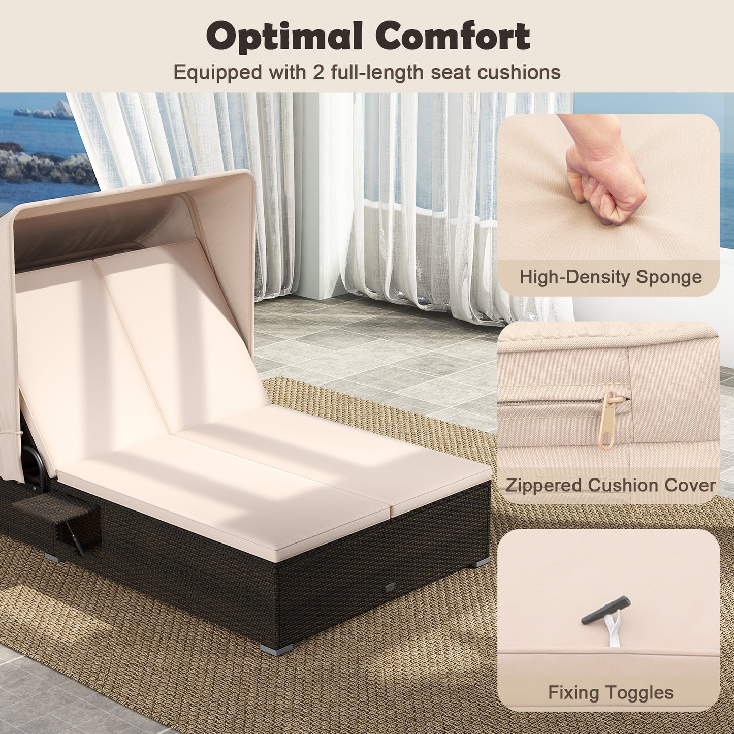 Double Chaise Lounge With Shade Cushions, Folding Side Trays, Beige Outdoor Chaise Lounges at Gallery Canada