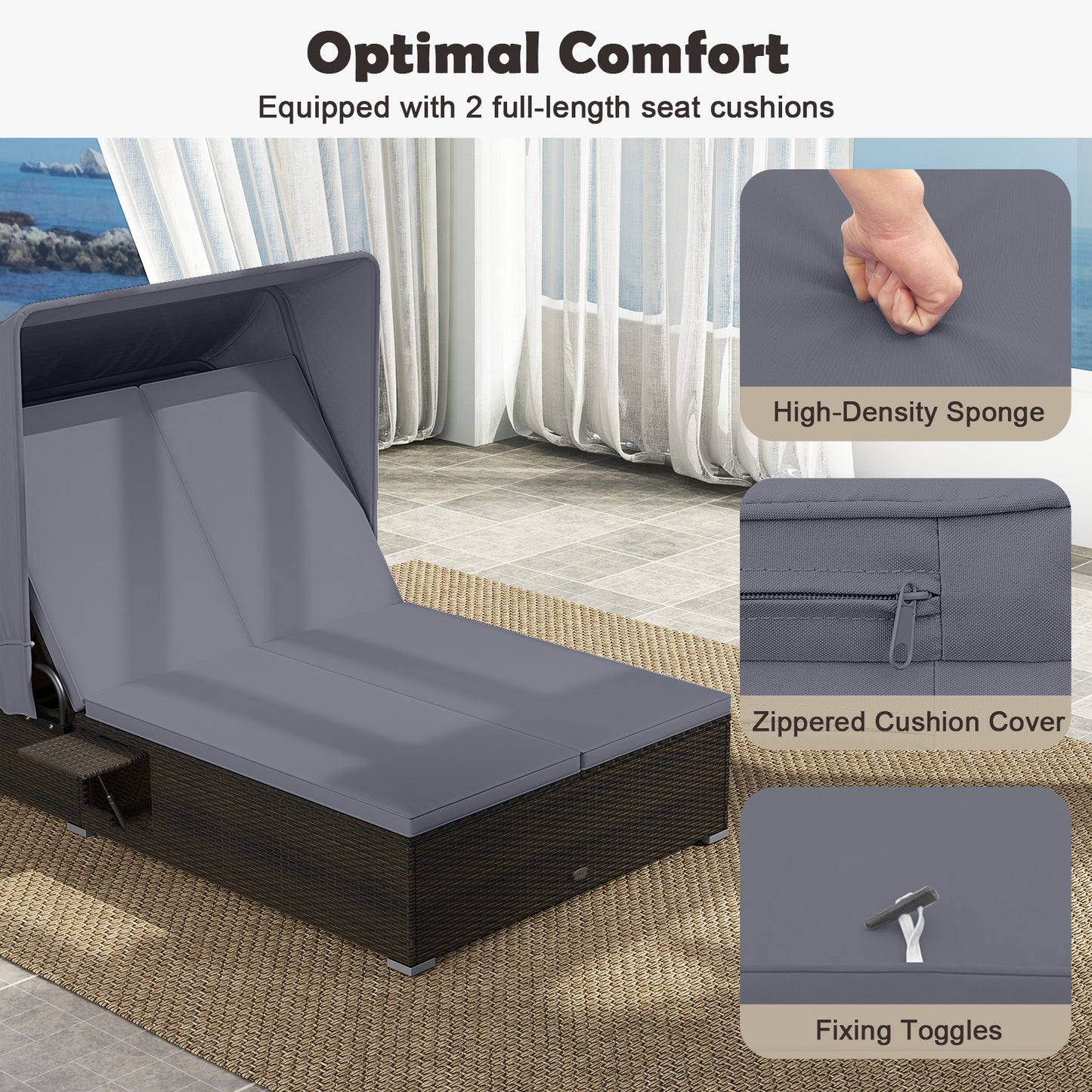 Patio Double Chaise Lounge with Shade Cushions and Folding Side Trays, Gray Outdoor Chaise Lounges at Gallery Canada
