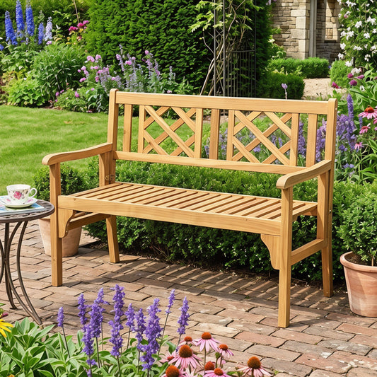 Patio Foldable Bench, Curved Backrest Armrest, Natural Outdoor Benches Natural at Gallery Canada