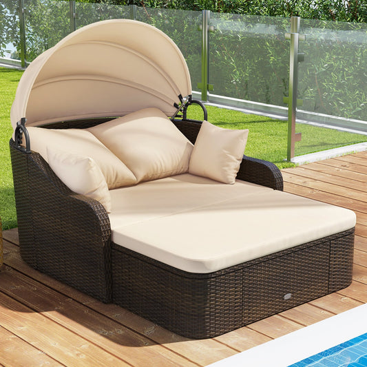 Patio PE Rattan Daybed, Retractable Canopy, Soft Cushions, Beige Outdoor Sectionals Beige at Gallery Canada