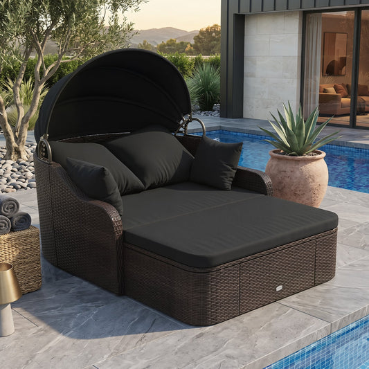 Patio PE Rattan Daybed With Retractable Canopy, Black Outdoor Sectionals Black at Gallery Canada