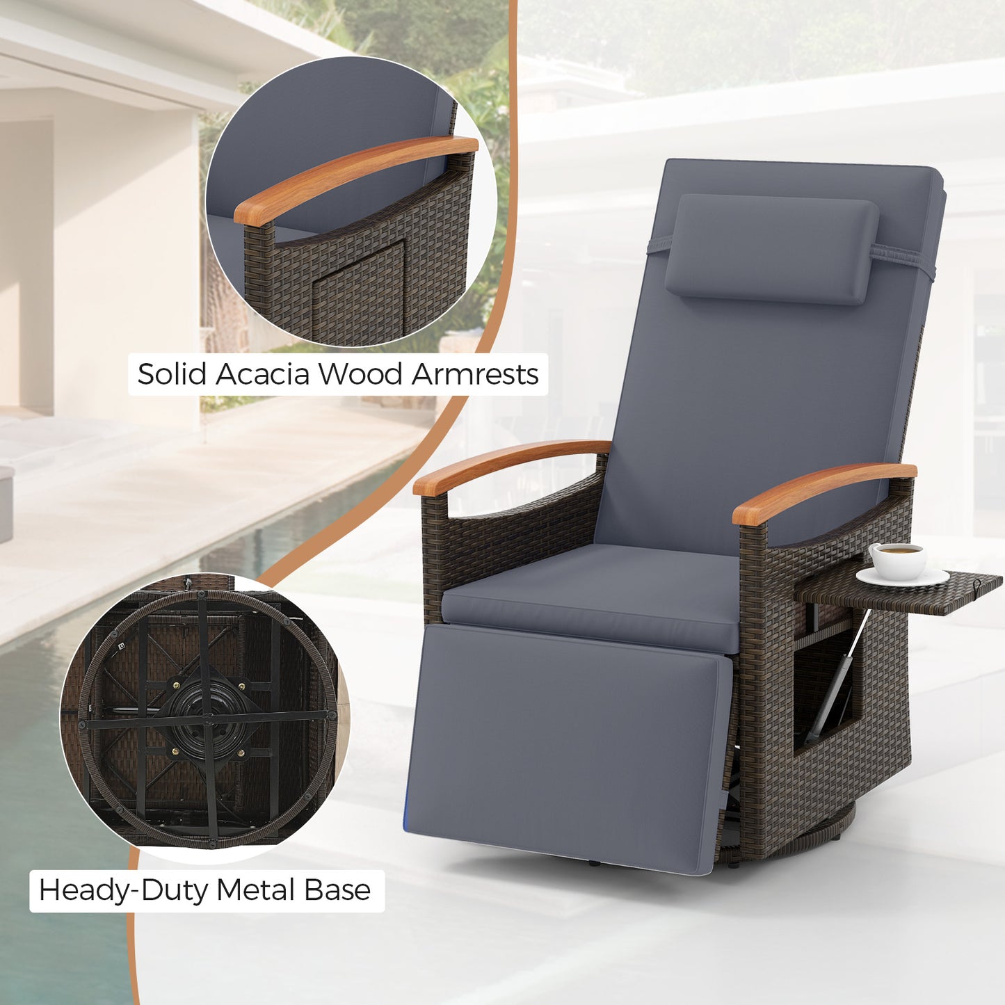 Patio Rattan 360° Swivel Recliner Chair with Adjustable Backrest and Footrest, Gray Outdoor Seating & Patio Chairs at Gallery Canada