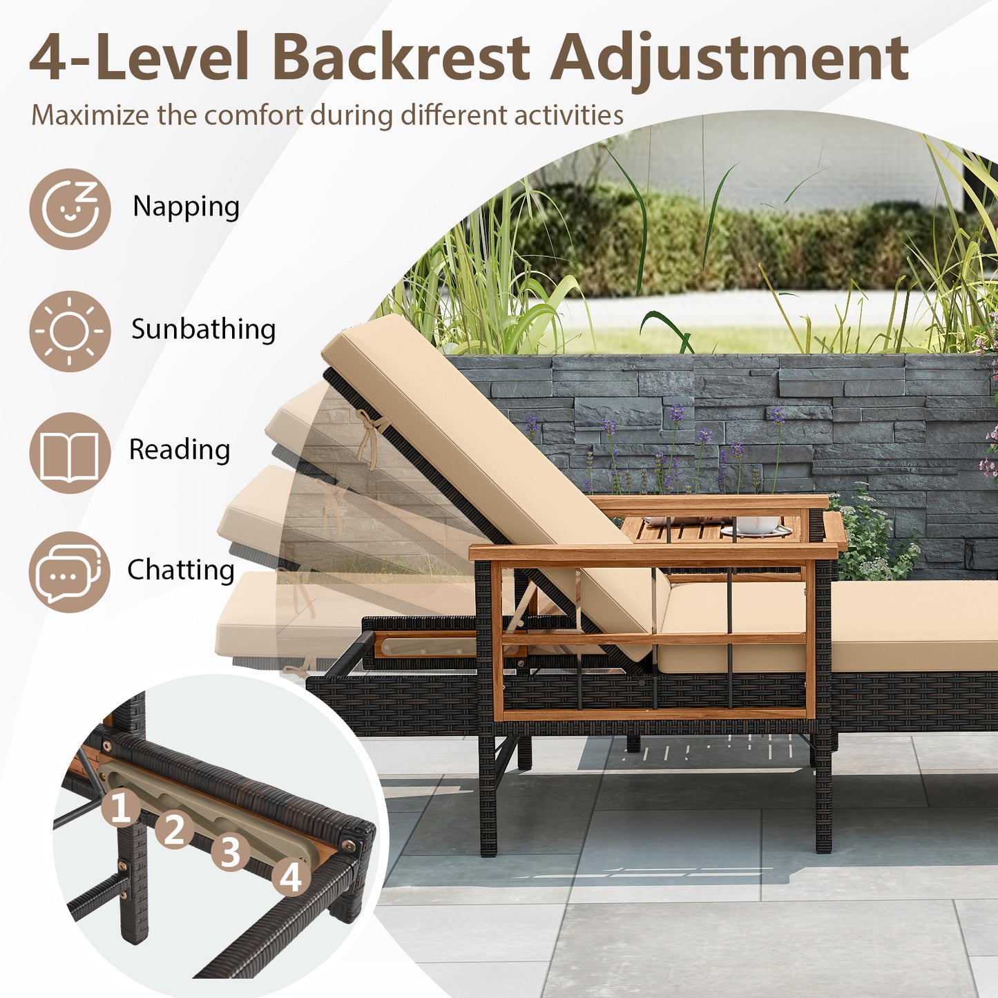 Patio Rattan Chaise Lounge with Side Table and Adjustable Backrest-WH, Brown Patio Conversation Sets at Gallery Canada