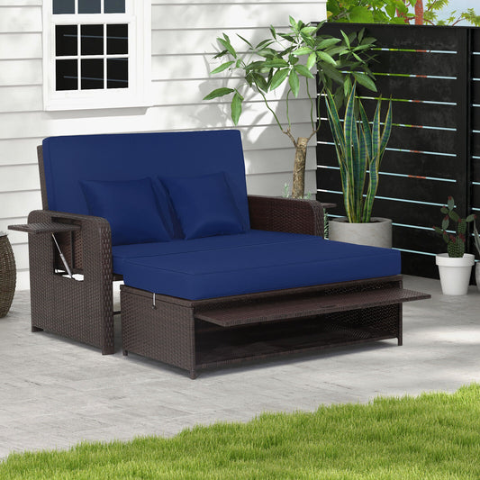 Patio Rattan Daybed, Adjustable Backrest, Retractable Side Tray, Navy Outdoor Sectionals Navy at Gallery Canada