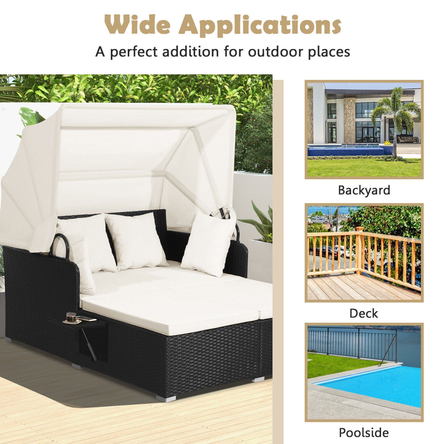 Patio Rattan Daybed, Retractable Canopy, Side Tables, Off White Outdoor Sectionals at Gallery Canada