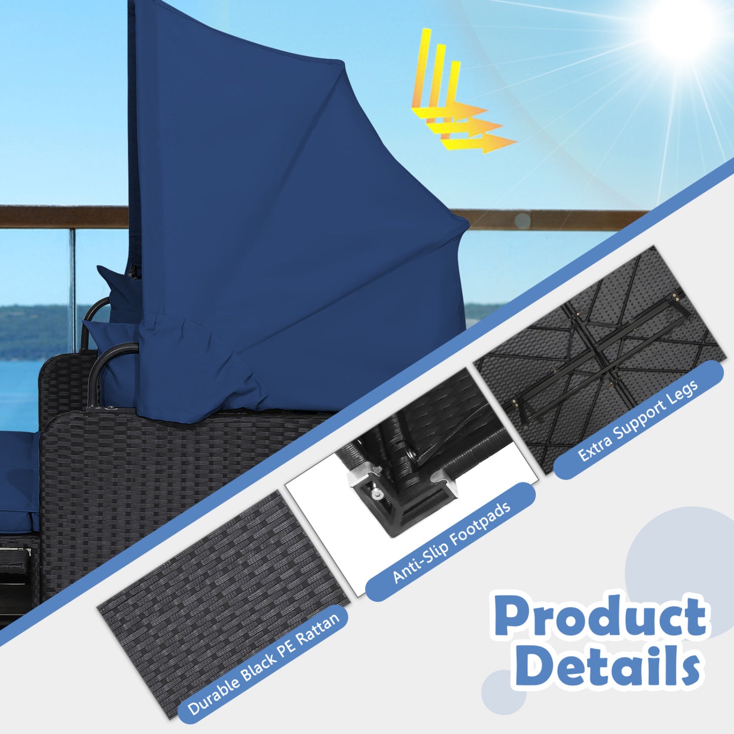 Patio Rattan Daybed With Retractable Canopy, Side Tables, Navy Outdoor Sectionals at Gallery Canada