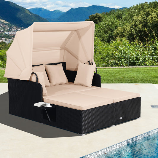 Patio Rattan Daybed With Retractable Canopy, Side Tables, Beige Outdoor Sectionals Beige at Gallery Canada