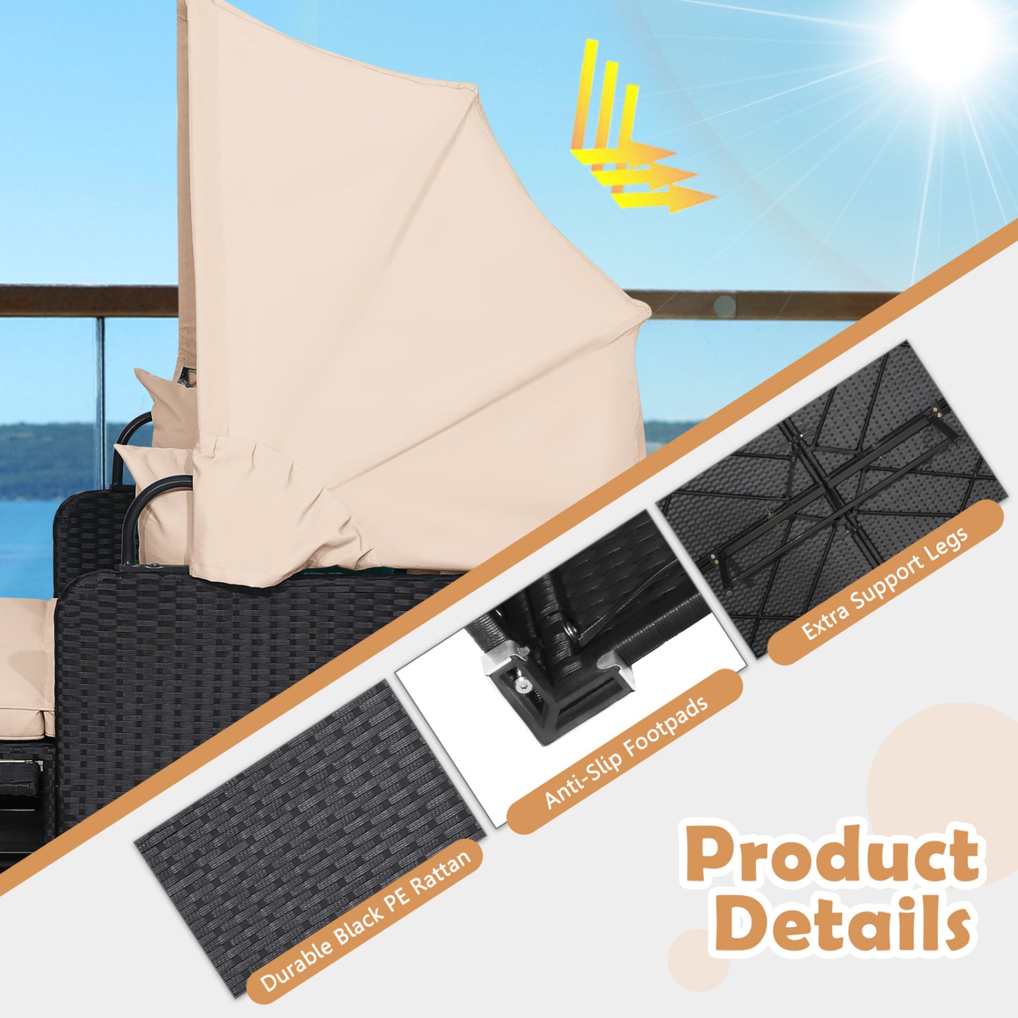 Patio Rattan Daybed With Retractable Canopy, Side Tables, Beige Outdoor Sectionals at Gallery Canada