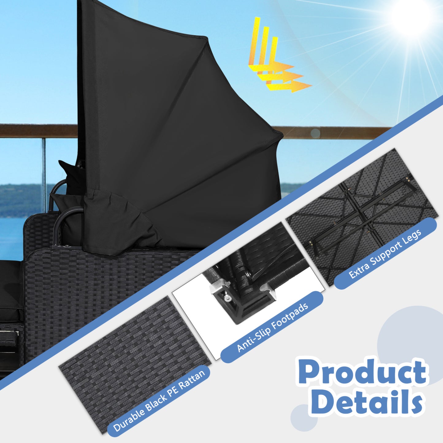 Patio Rattan Daybed With Retractable Canopy, Side Tables, Black Outdoor Sectionals at Gallery Canada