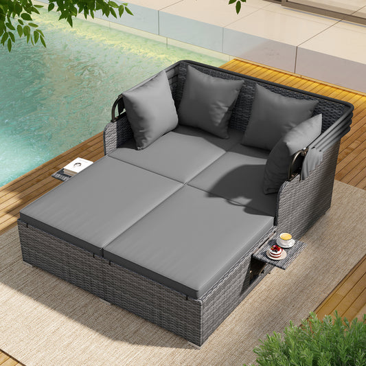 Patio Rattan Daybed with Retractable Canopy and Side Tables-Mix Gray, Mix Grey-grey Outdoor Sectionals Mix Grey-grey at Gallery Canada