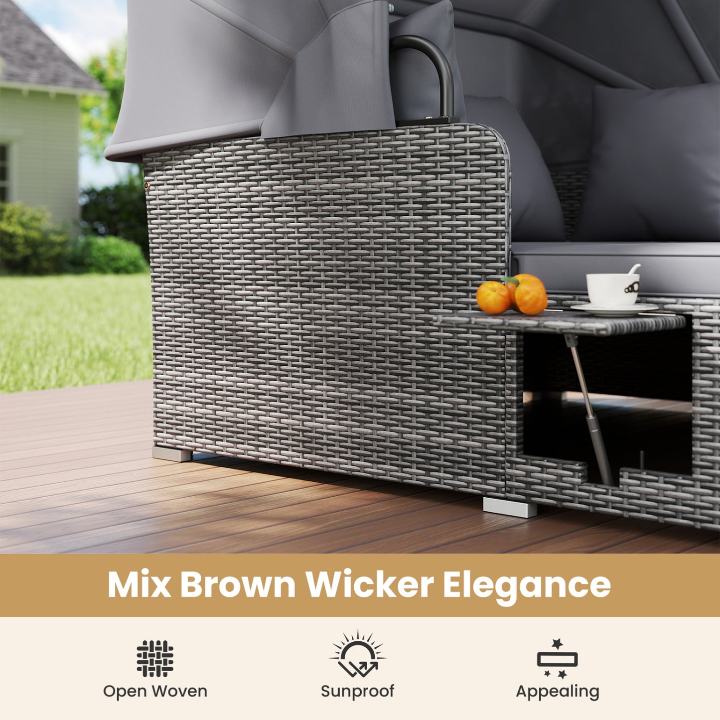 Patio Rattan Daybed with Retractable Canopy and Side Tables-Mix Gray, Mix Grey-grey Outdoor Sectionals at Gallery Canada