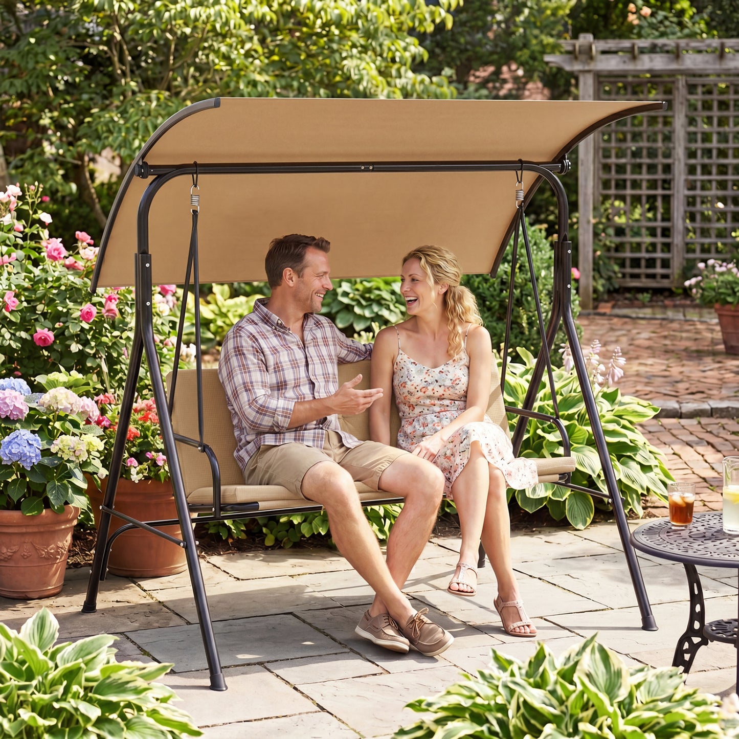 Patio Swing Chair with Adjustable Canopy & Removable Cushion and Metal Stand, Beige Porch Swings at Gallery Canada