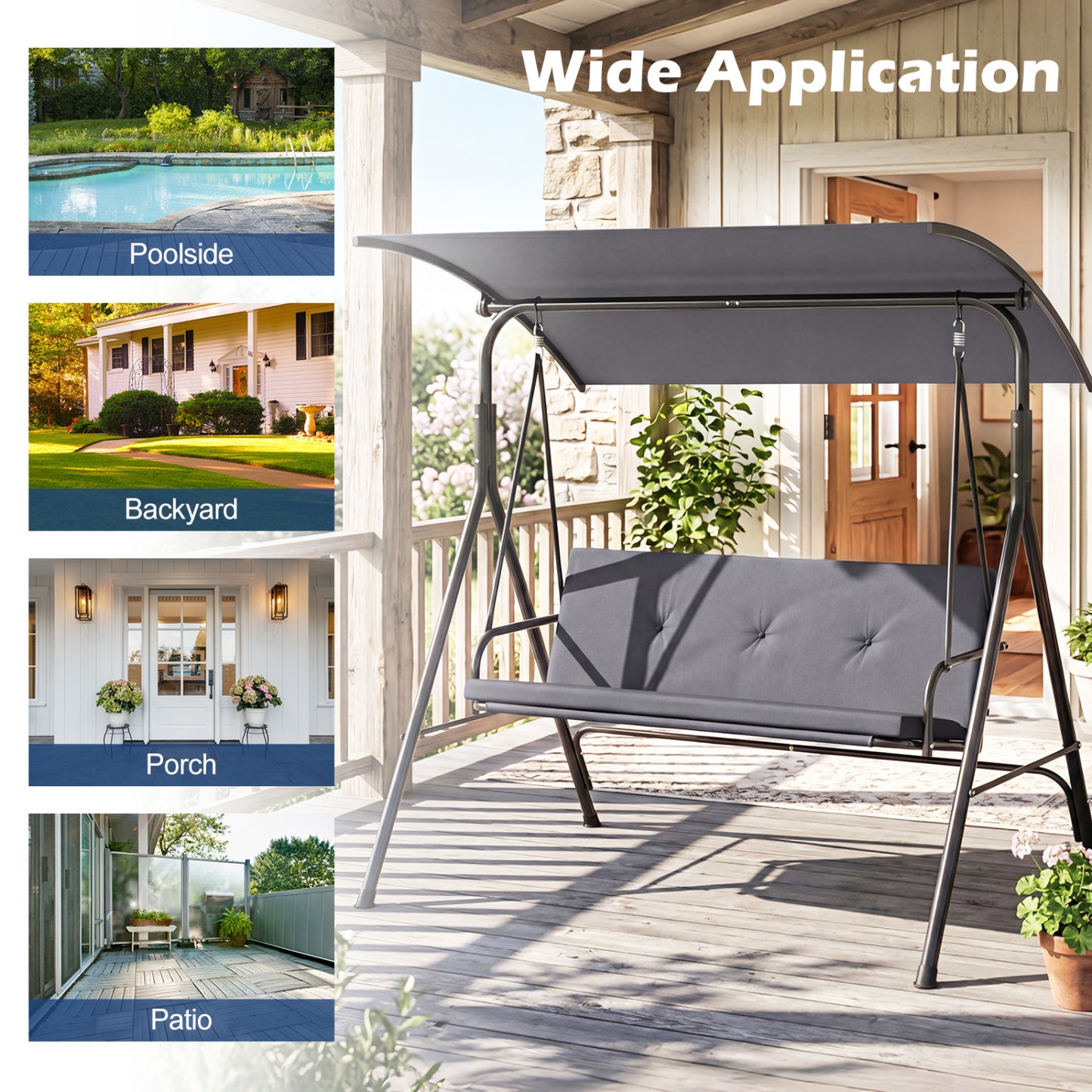 Patio Swing Chair with Adjustable Canopy & Removable Cushion and Metal Stand, Gray Porch Swings at Gallery Canada