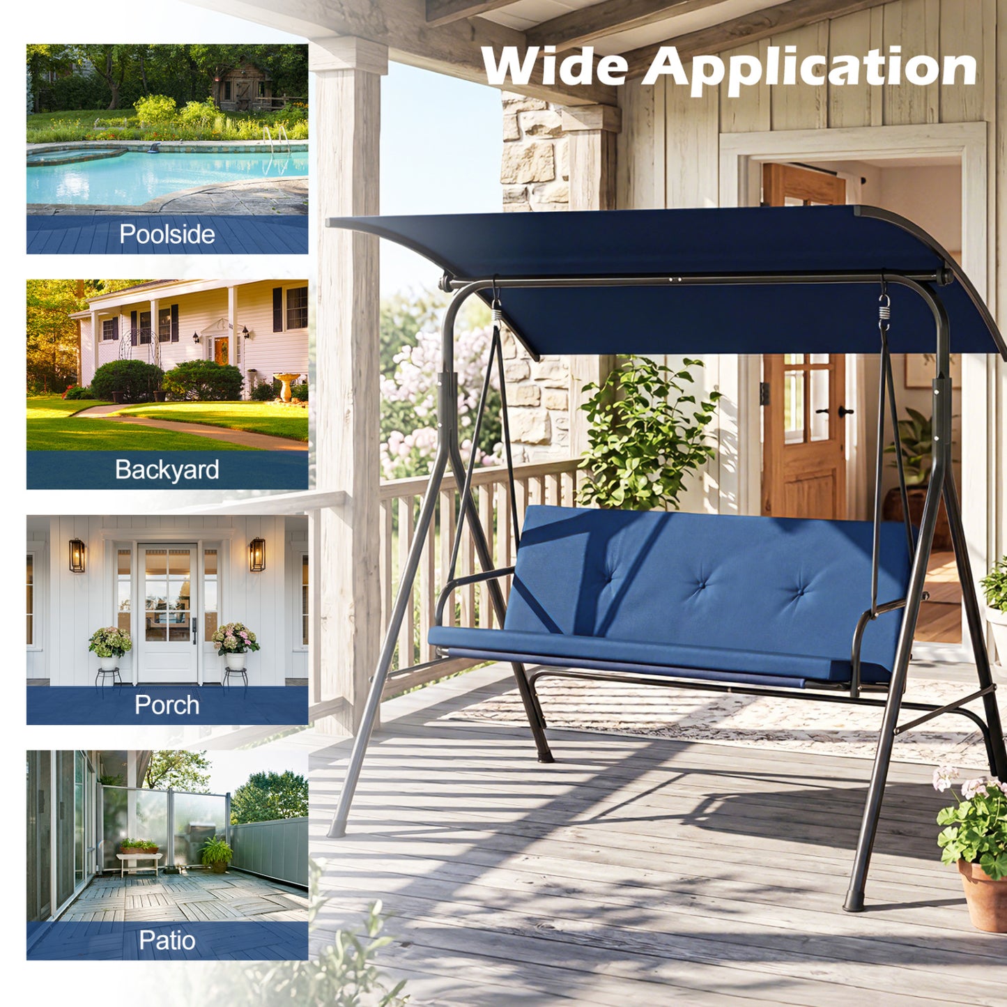 Patio Swing Chair with Adjustable Canopy & Removable Cushion and Metal Stand, Navy Porch Swings at Gallery Canada