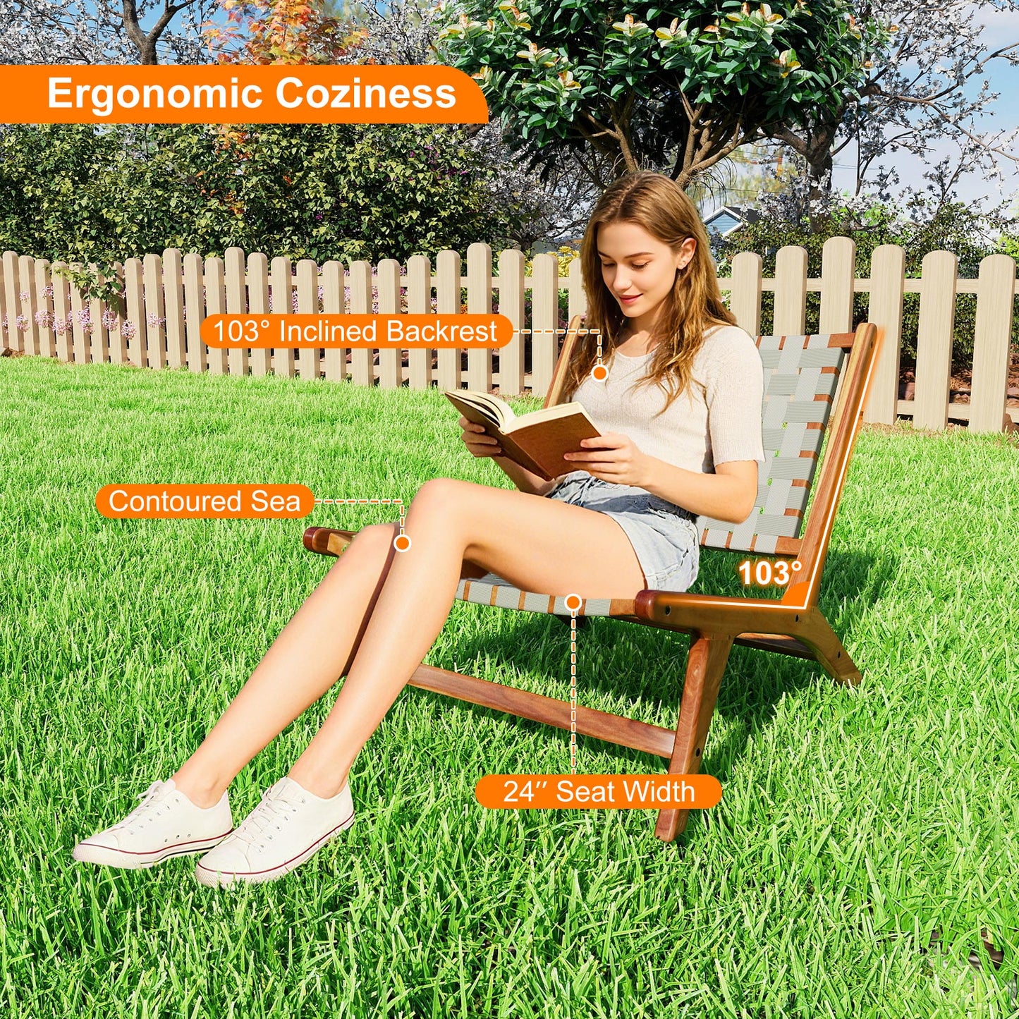Patio Teak Wood Chair Outdoor Mid-Century Accent Chair with Nylon Webbing Seat Patio Dining Chairs at Gallery Canada