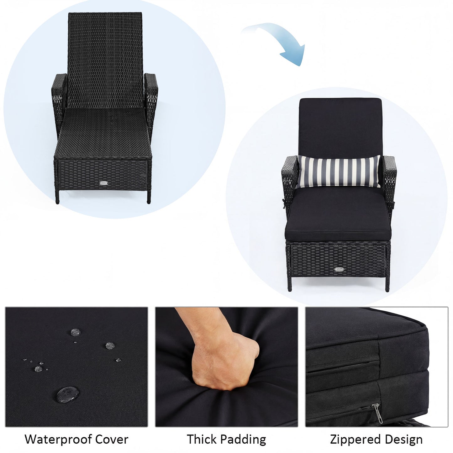Wicker Chaise Lounge Chair, Wood Grain, Adjustable Backrest, Black Outdoor Chaise Lounges at Gallery Canada