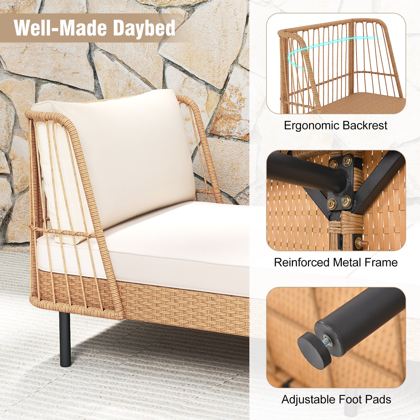 Patio Wicker Daybed Outdoor Boho Rattan Loveseat Sofa with Seat and Back Cushions, White Outdoor Sectionals at Gallery Canada