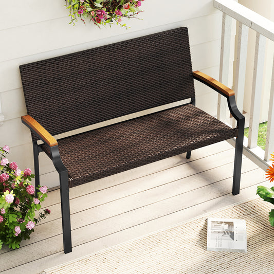 Patio Wicker Loveseat Chair, Acacia Wood Armrests, Metal Frame, Brown Patio Rocking Chairs & Gliders Brown at Gallery Canada