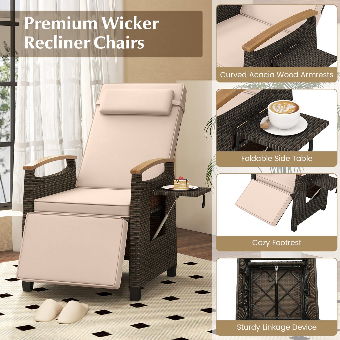 Patio Wicker Recliner Chair with Adjustable Backrest and Footrest, Brown Outdoor Chaise Lounges at Gallery Canada