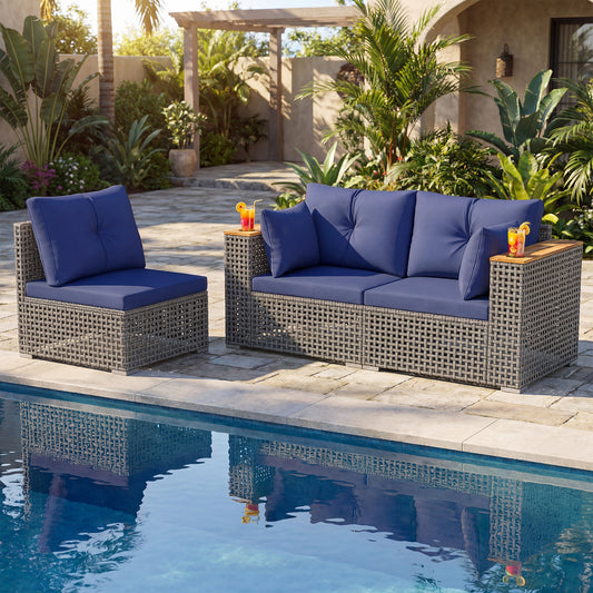 Patio Wicker Sectional Set, 1 Armless 2 Corner Sofas, Navy Outdoor Sectionals Navy at Gallery Canada