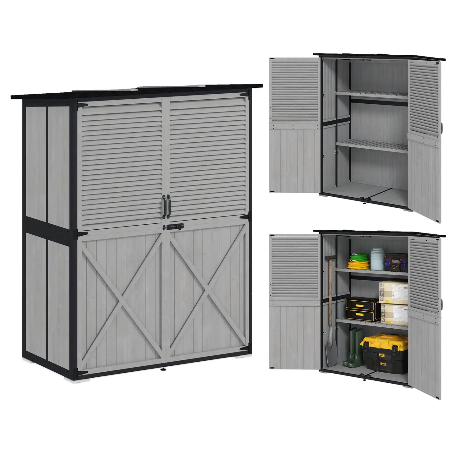Outdoor Storage Cabinet, Wood Garden Shed, Steel Frame, Asphalt Roof, 2 Shelves, Lockable Doors, Grey Sheds at Gallery Canada