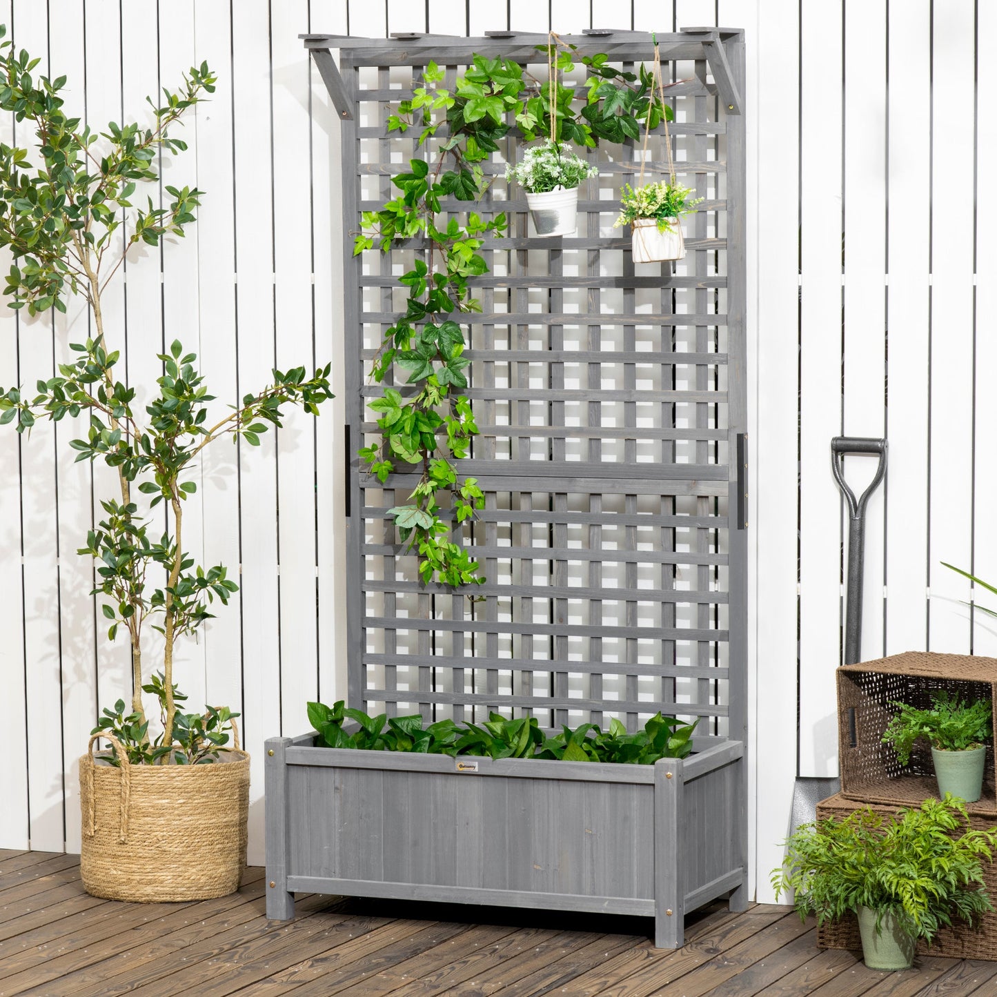 Wood Planter with Trellis for Vine Climbing, Raised Garden Bed, Privacy Screen for Backyard, Patio, Deck, Dark Grey at Gallery Canada