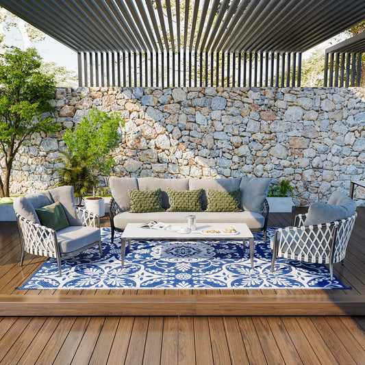 Portable Outdoor Rug, 9' x 12', White Flower, Waterproof, Reversible, Blue Outdoor Reversible Rugs Options at Gallery Canada