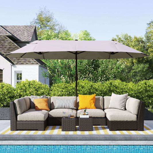 15' Outdoor Patio Umbrella, Twin Canopy Sunshade, Steel Table, Lift Crank, Tan