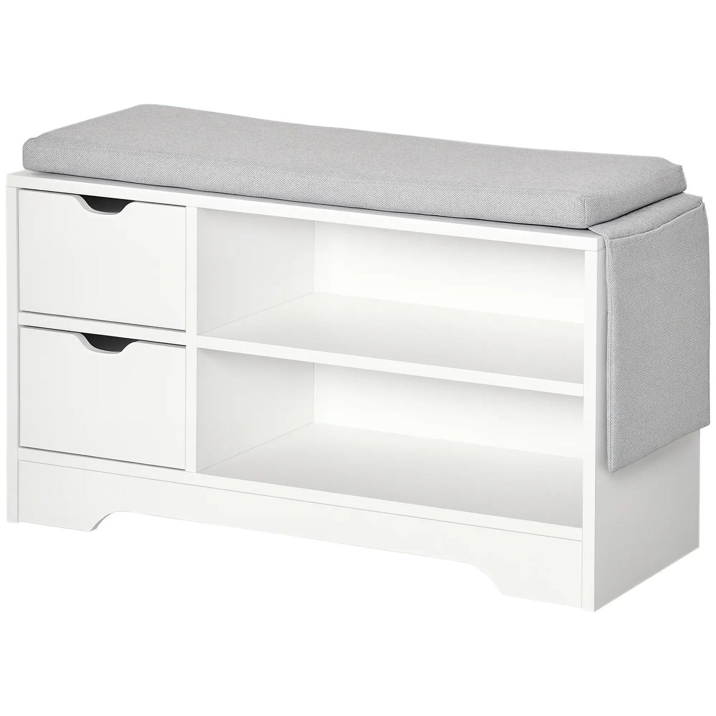 Upholstered Shoe Storage Bench With Seat, Drawer, Open Shelves, White