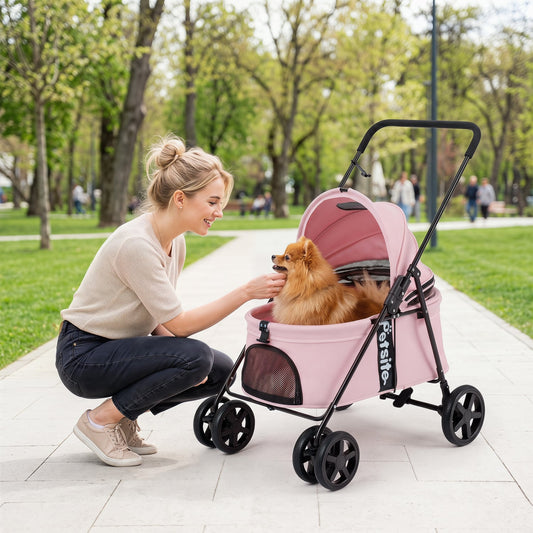 Pet Stroller for Small Medium Dogs Foldable with One-Step Rear Brake and Canopy, Pink Dog Supplies Pink at Gallery Canada