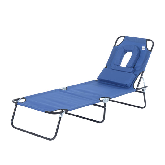 Adjustable Outdoor Lounge Chair, Garden Folding Chaise Lounge w/ Reading Hole Reclining Tanning Chair Seat, Folding Camping Beach Lounging Bed with Support Pillow, Blue - Gallery Canada